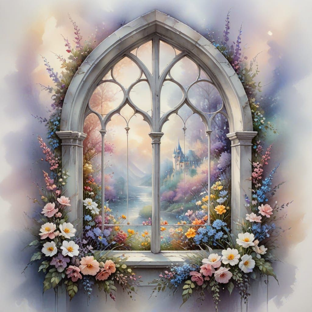 Ethereal Watercolour Window with Flowers