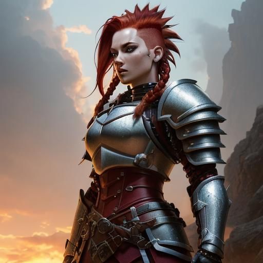 Armored Female Warrior with Red Mohawk in Gold Hour