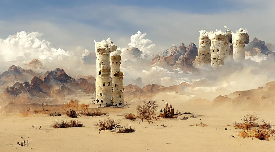 Floating Marble Towers Crumbling in Desert Landscape