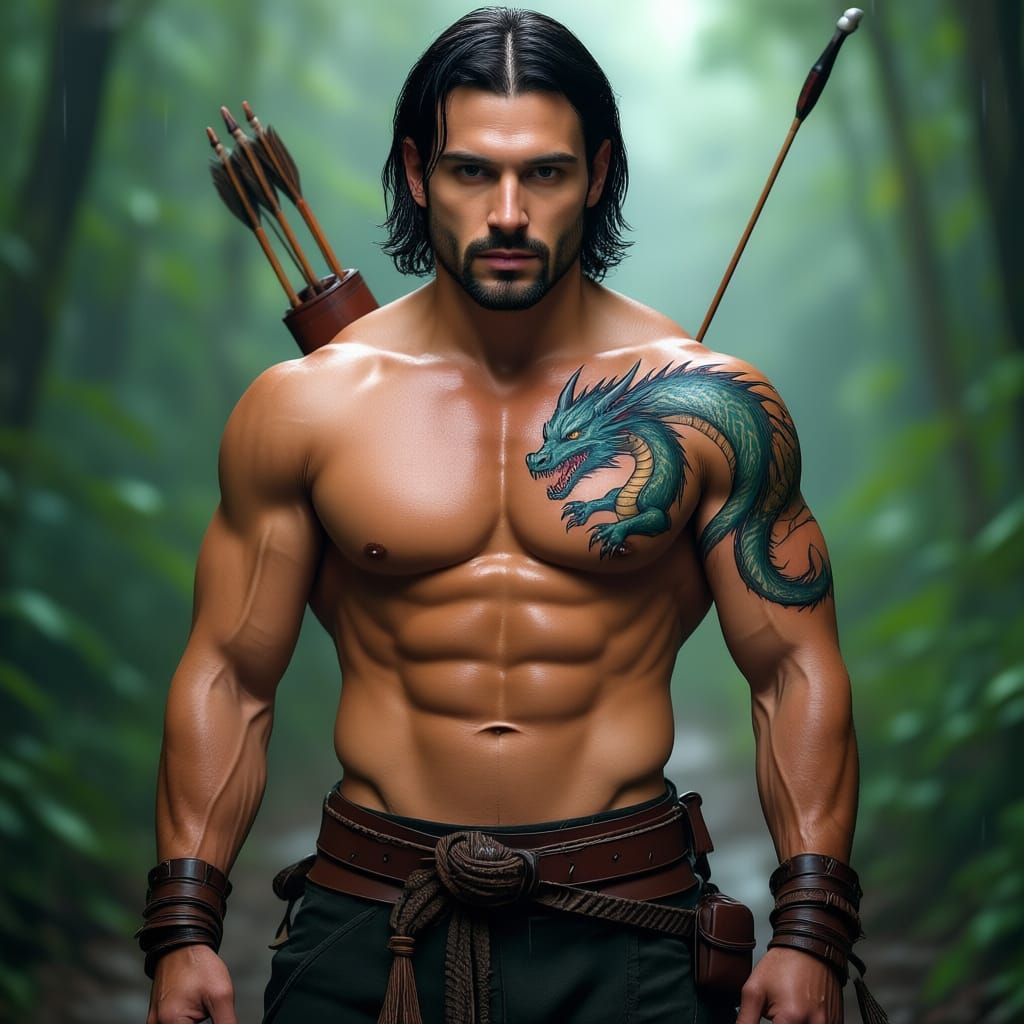 Muscular Man in Tropical Forest with Tattoos