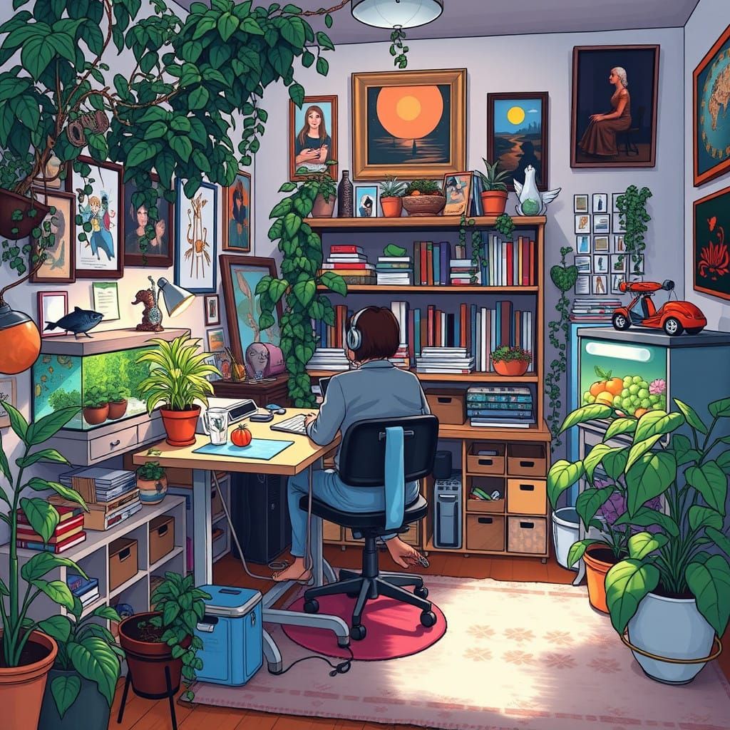 Cozy Workspace with Greenery and Vintage Decor