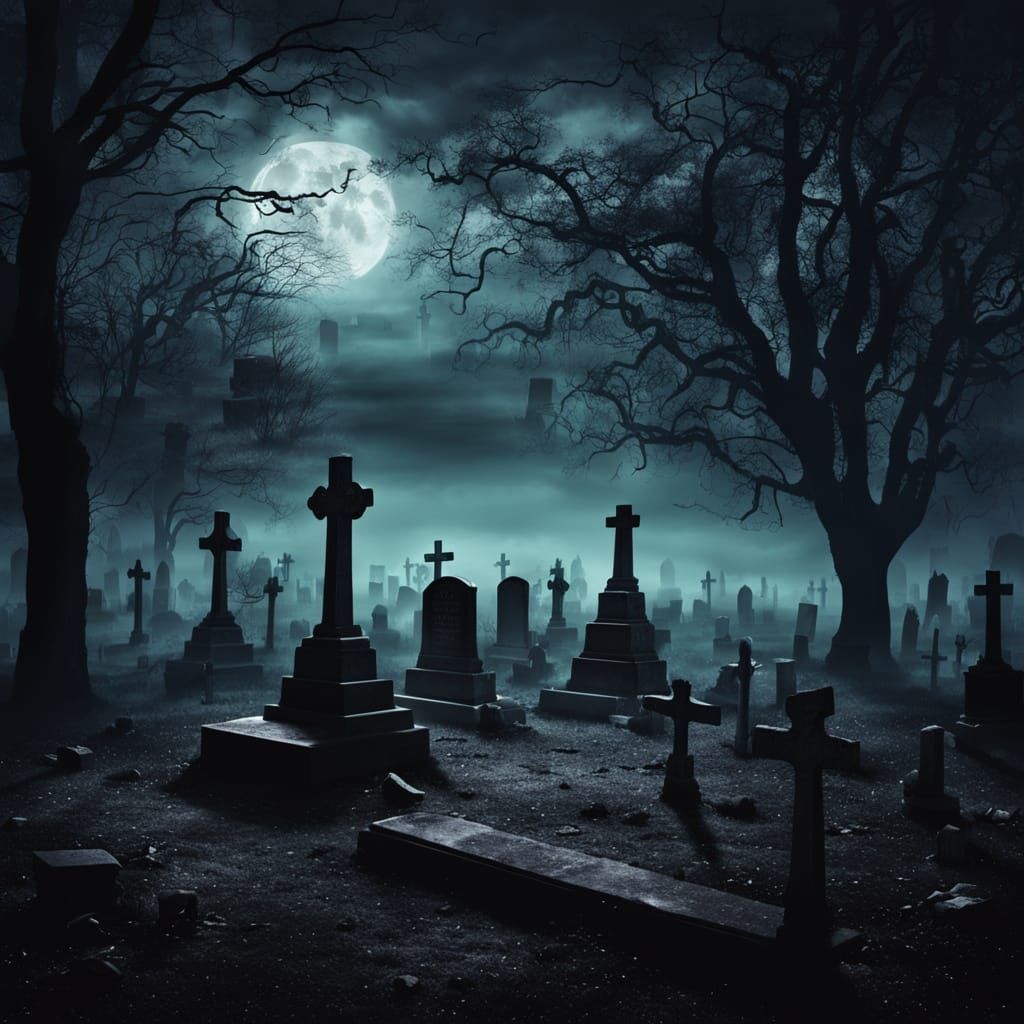 Haunted Cemetery at Night with Looming Fog