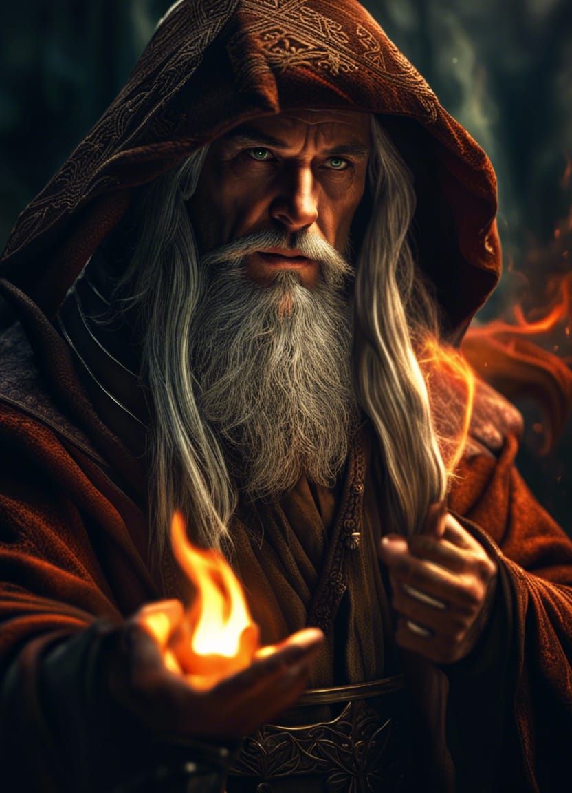 Elvish Sage Casting Fire Spell in Hyperrealism