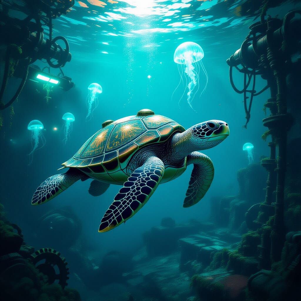 Sea Turtle Explores Sunken Underwater Lab