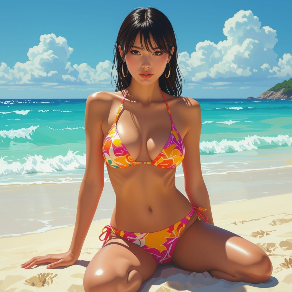 Hyperrealistic Japanese Woman in Bikini on Beach