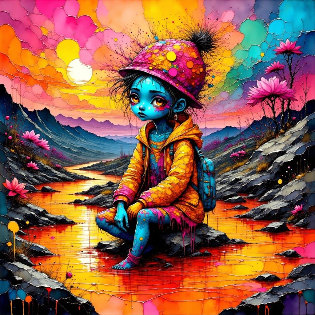 Lava Deity in Dreamscape: A Basquiat, Haring, and Okuda Fusi...