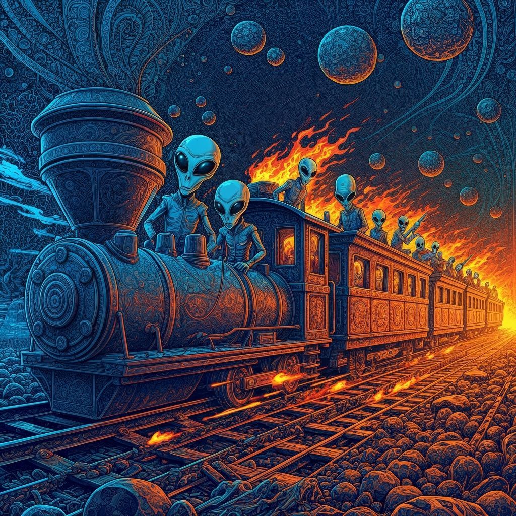 Wild West Train Robbery with Retro Aliens in Abstract Vector...