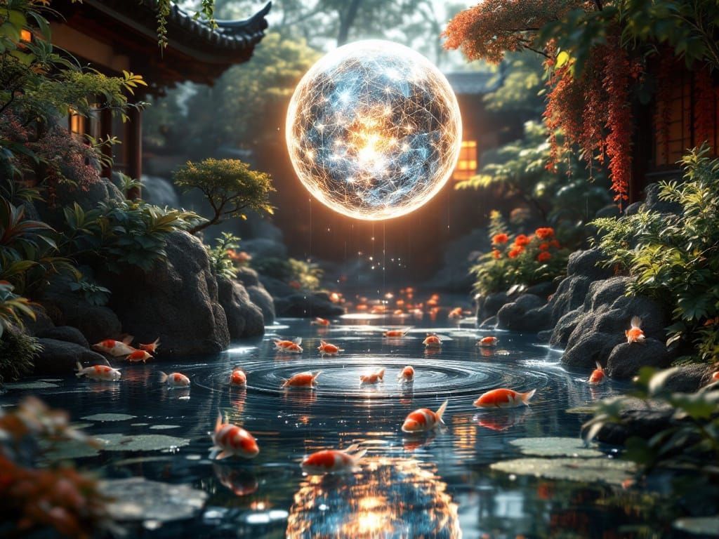 Ethereal Glow Illuminates Japanese Water Garden in Hyperreal...