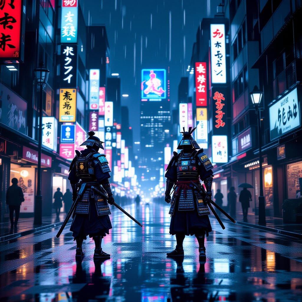 Cyberpunk Samurai on Neon Tokyo Street