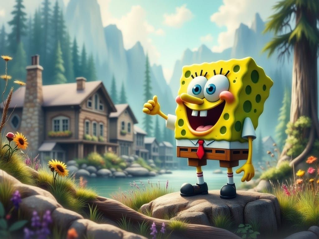 <lora:Bak Brom Watercolor:1.0> spongebob is a mountaineer climbing a mountain
