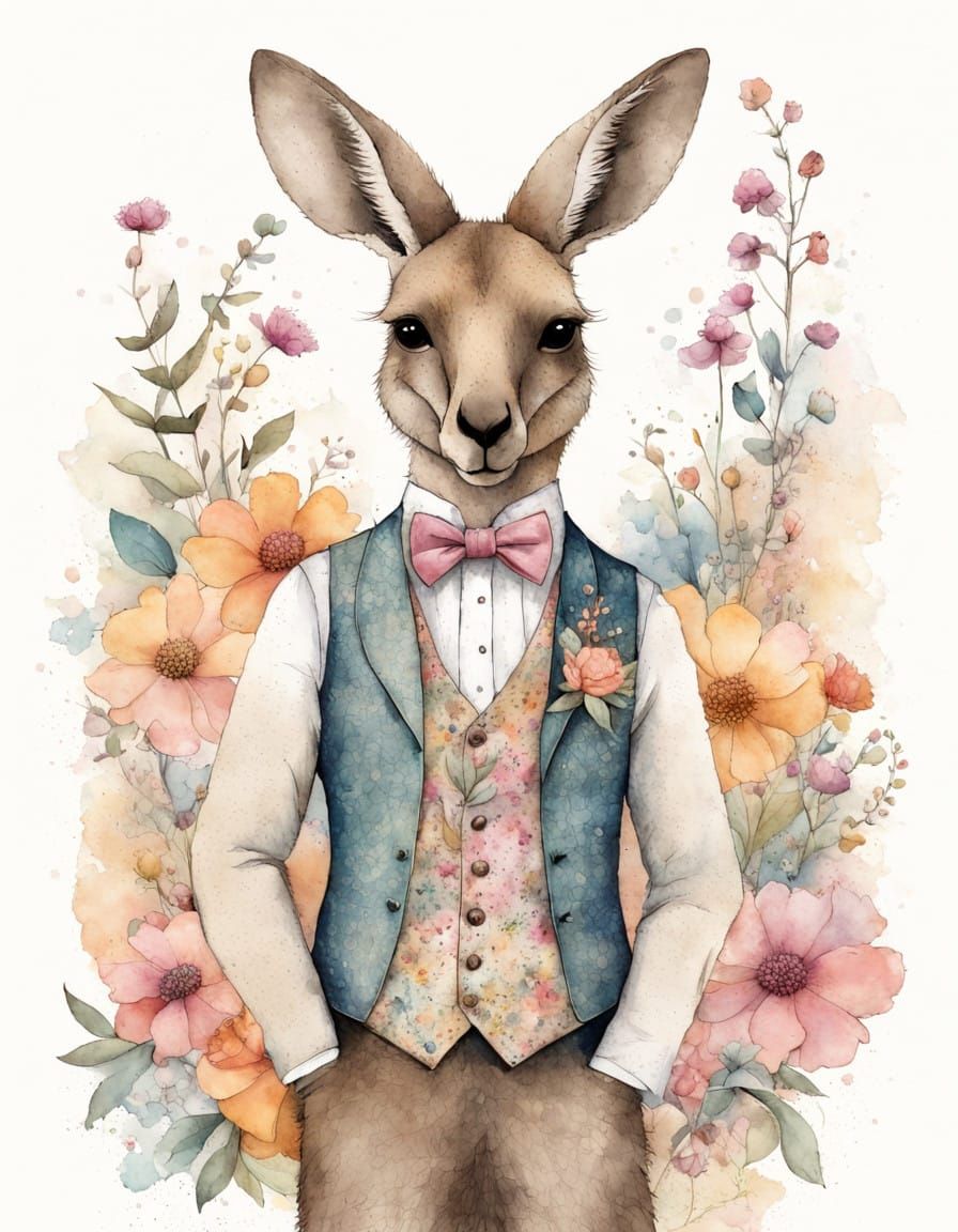 Charming Whimsical Kangaroo Surrounded by Delicate Watercolo...