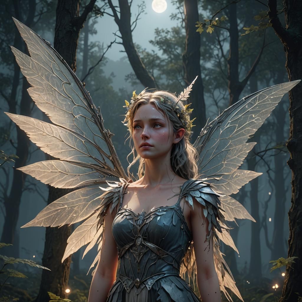 Moon Fairy in Forest, Hyper-Realistic 3D Art