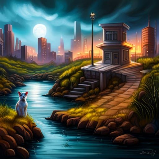 Cinematic Fantasy Landscape with Dogs in Graffiti Art Style