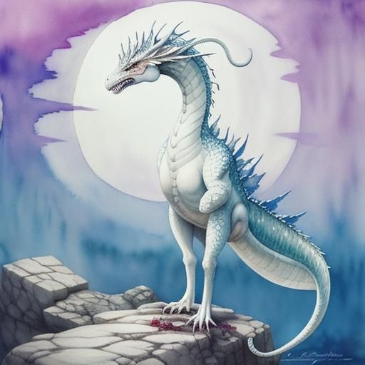 Whimsical White Wyvern with Mask, Watercolor Art