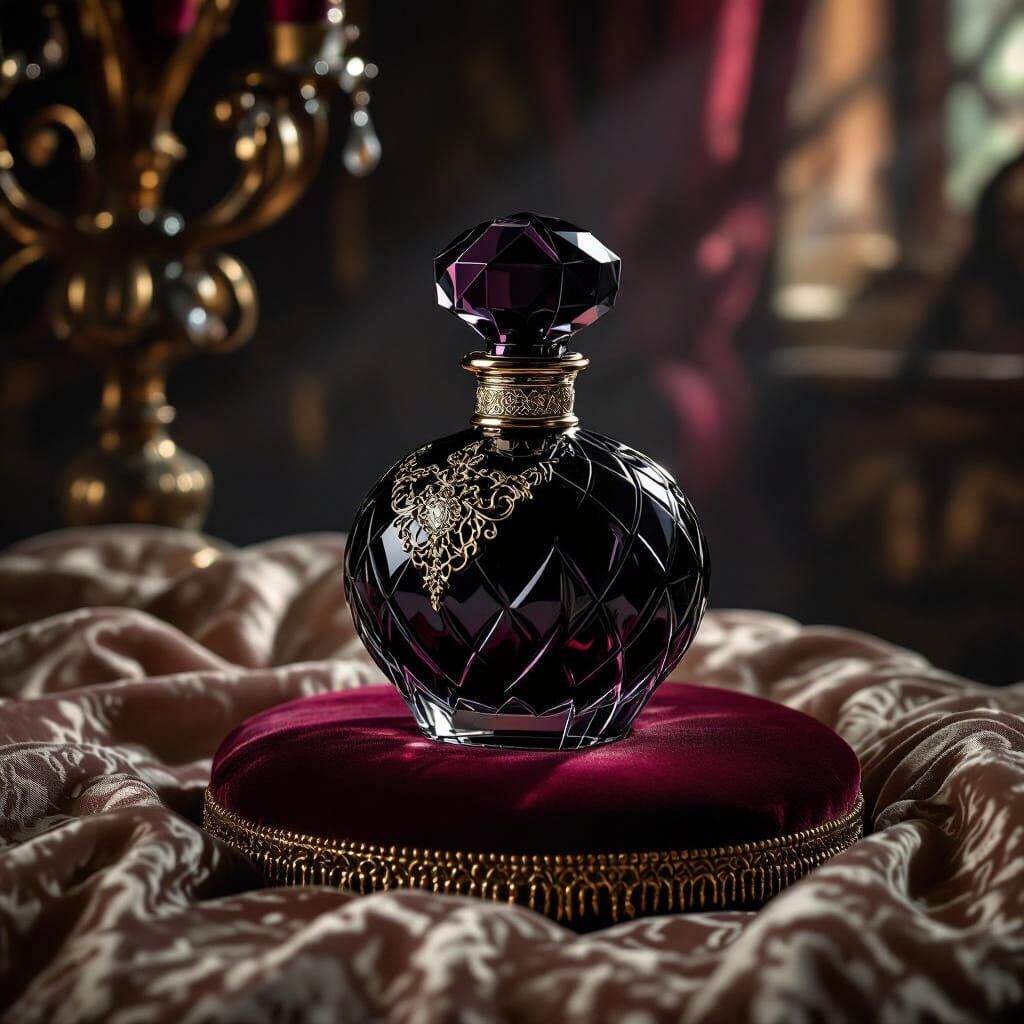 Antique Perfume Bottle on Velvet Cushion, Gothic Romance Sty...