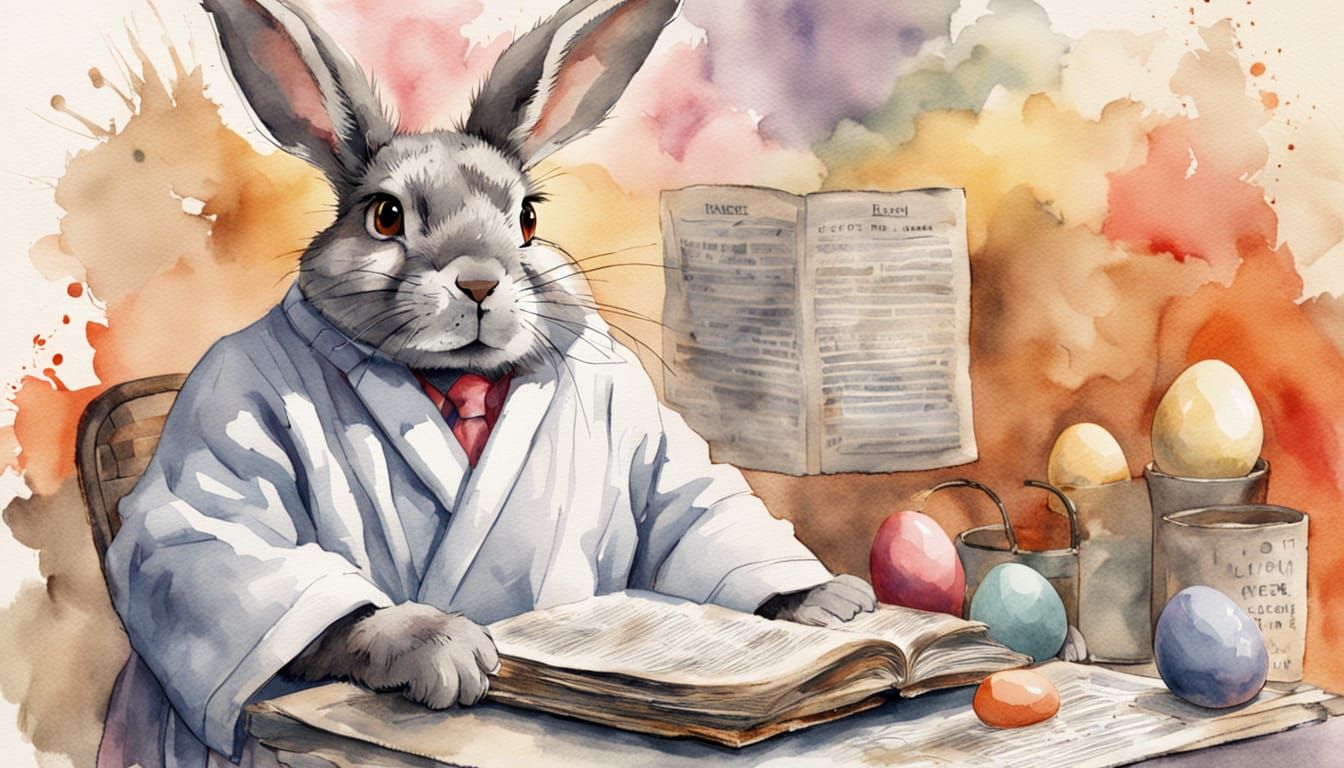 Cute Rabbit Reads Newspaper in Cozy Watercolor Style
