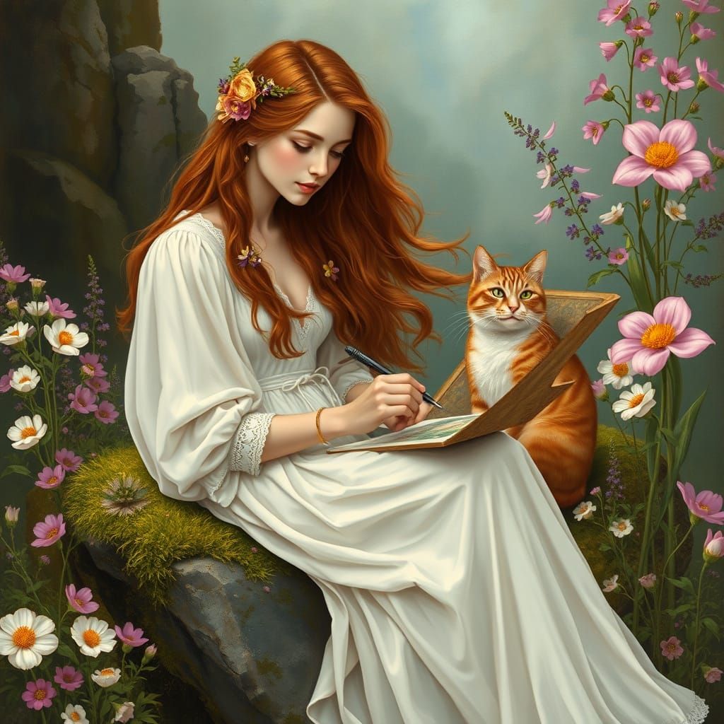 Woman in Art Nouveau Style with Cat and Wildflowers