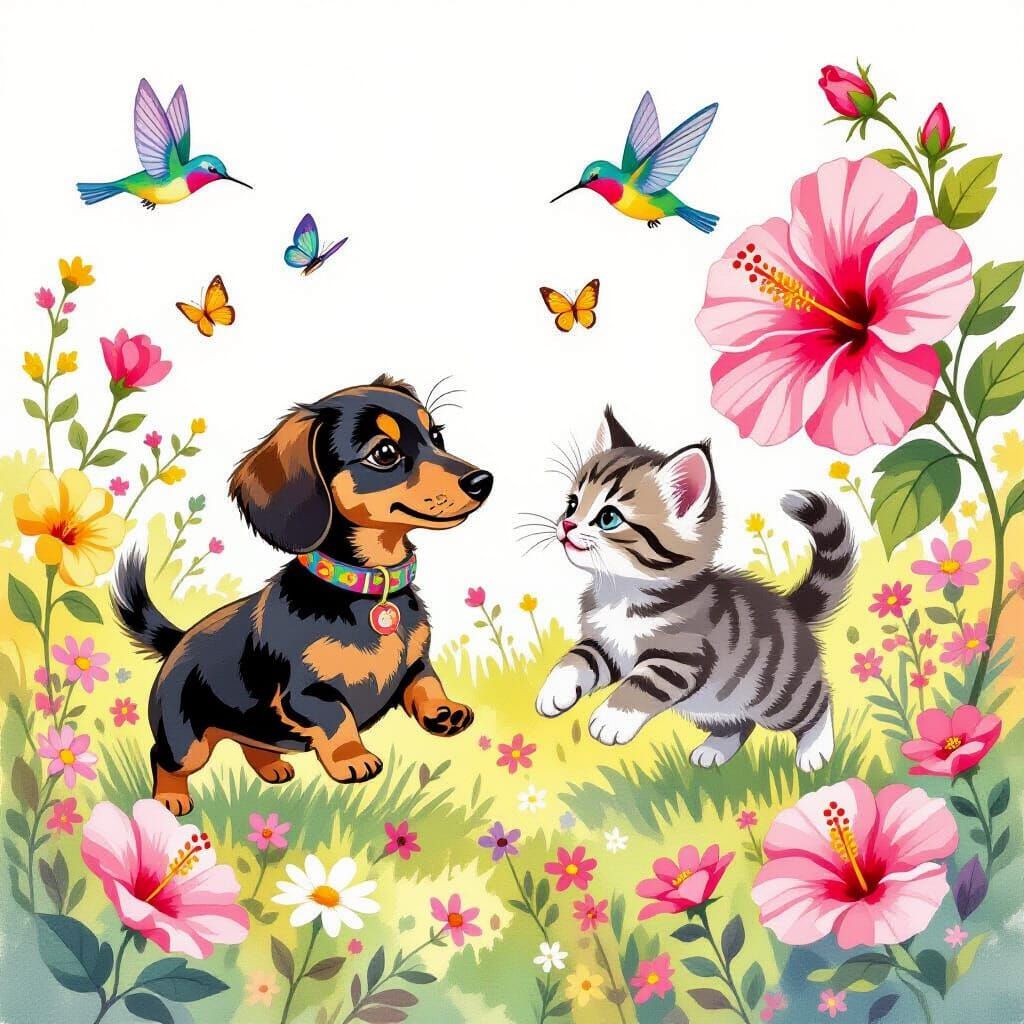 Dachshund and Kitten Play in Floral Meadow