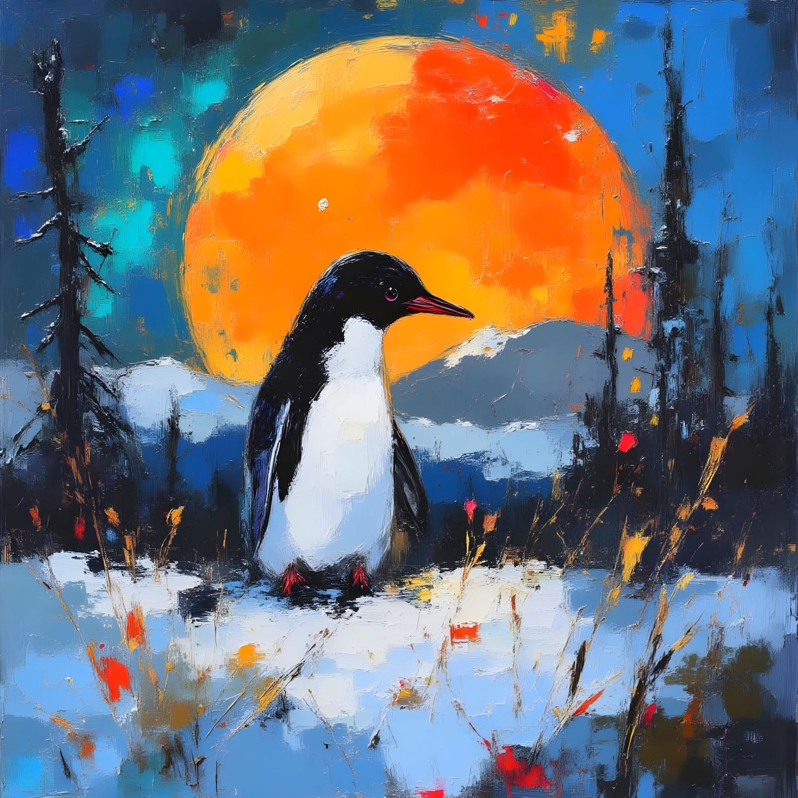 Penguin Under Northern Lights: Impasto Hand Painting