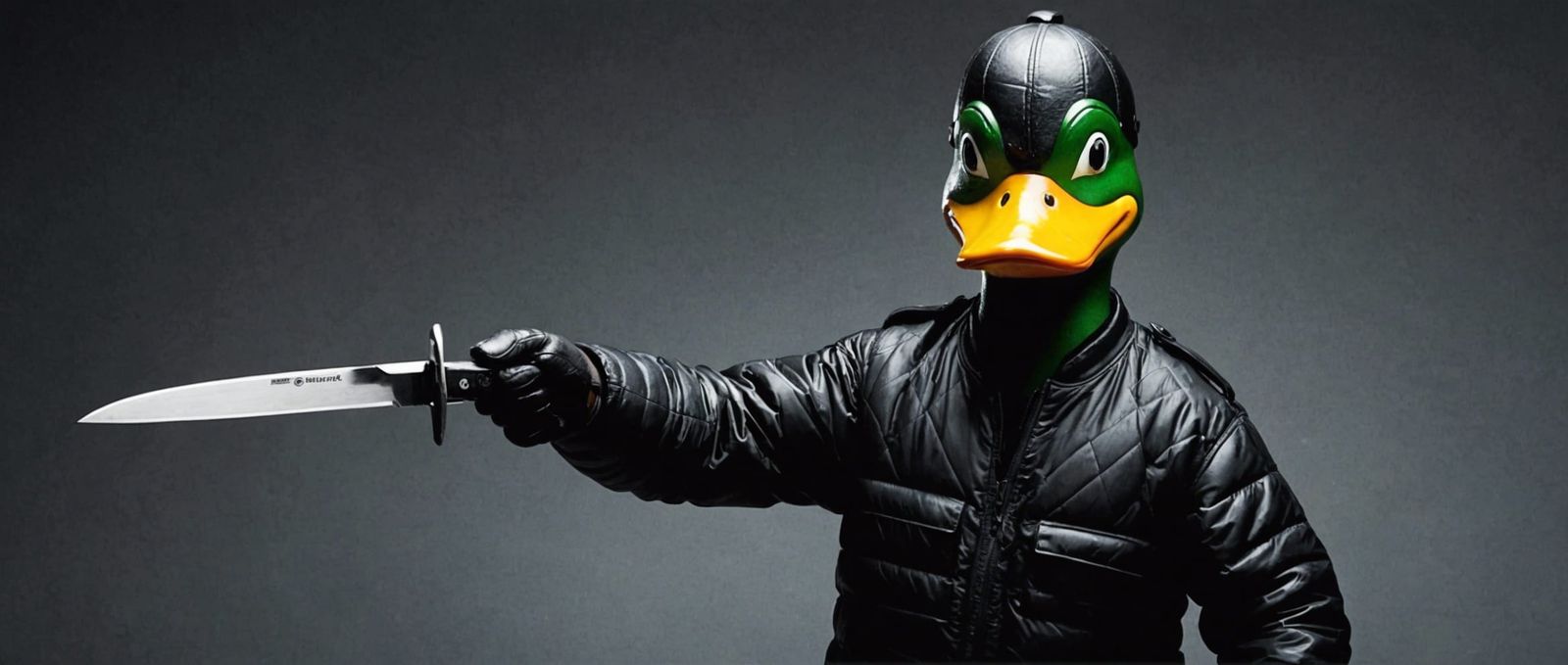 Humorous Duck Robbery Scene with Knife