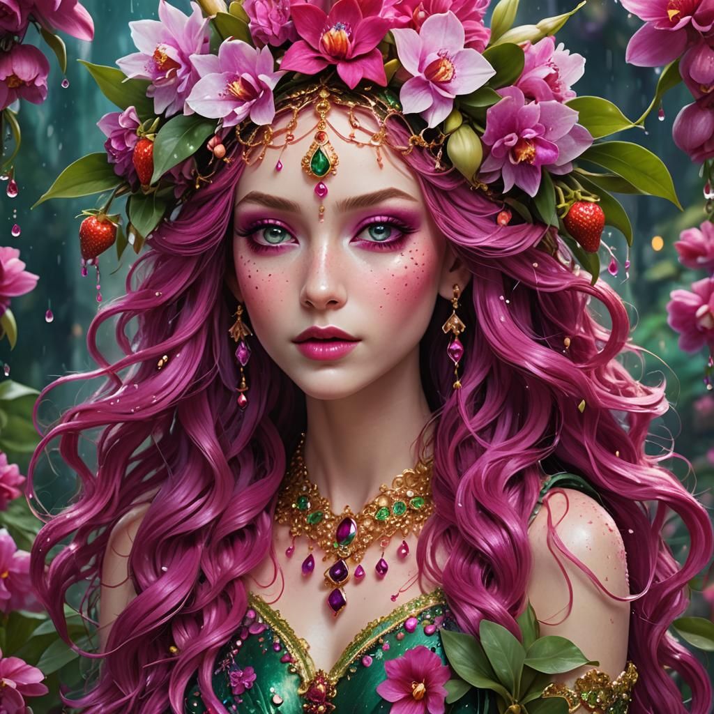 Elven Girl with Fuchsia Hair in Strawberry Field