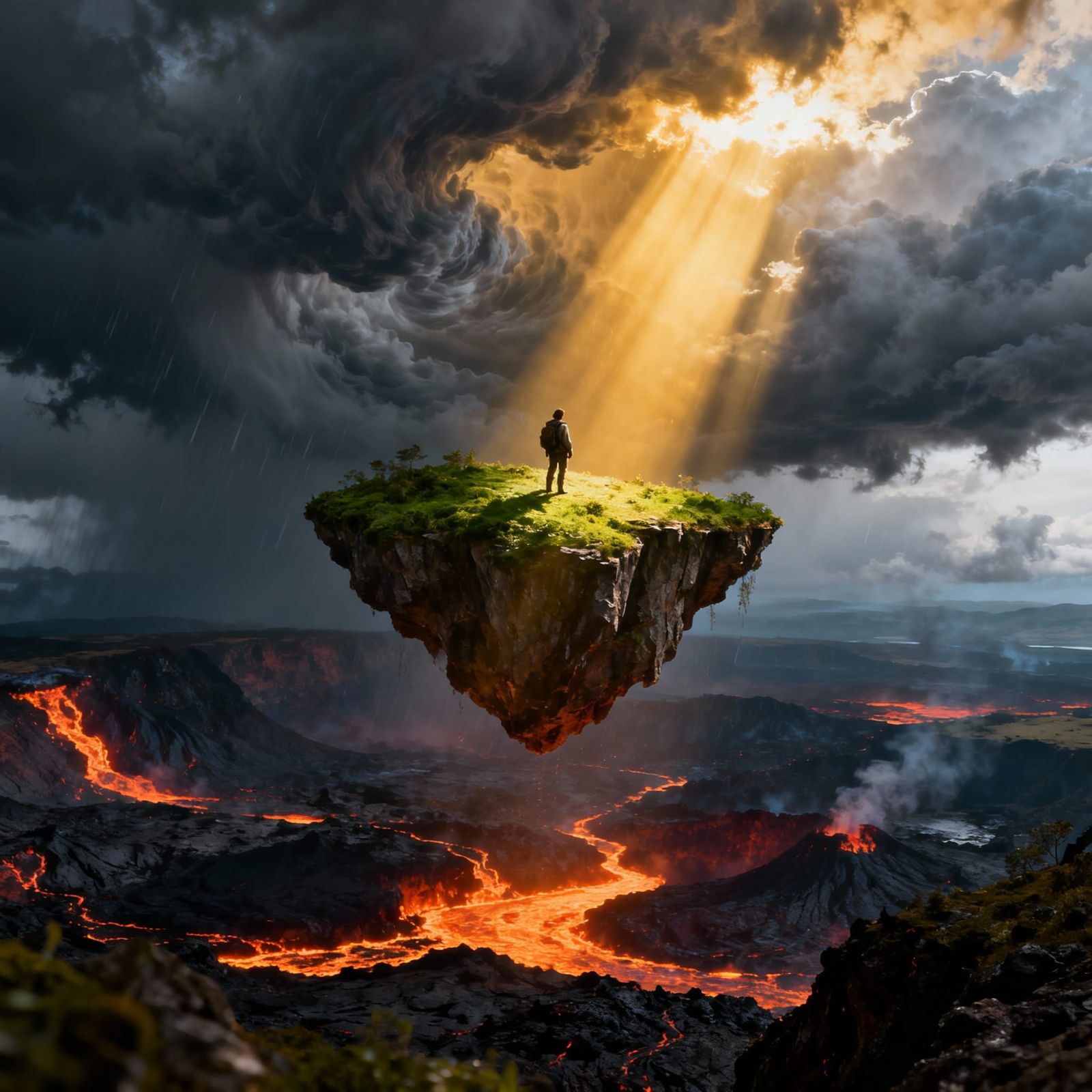 Floating Island Above Volcano Under Dramatic Storm Clouds