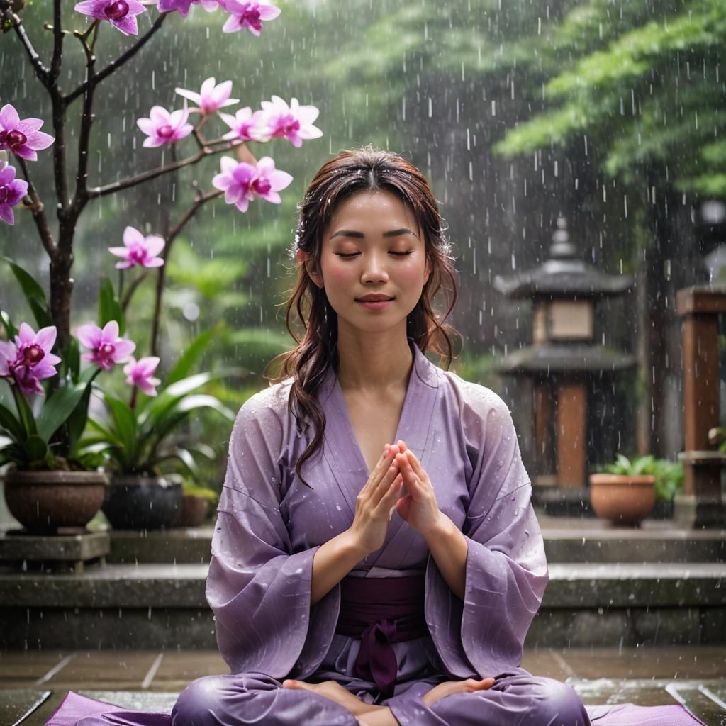 Serene Japanese Girl Meditating in Monsoon Rain