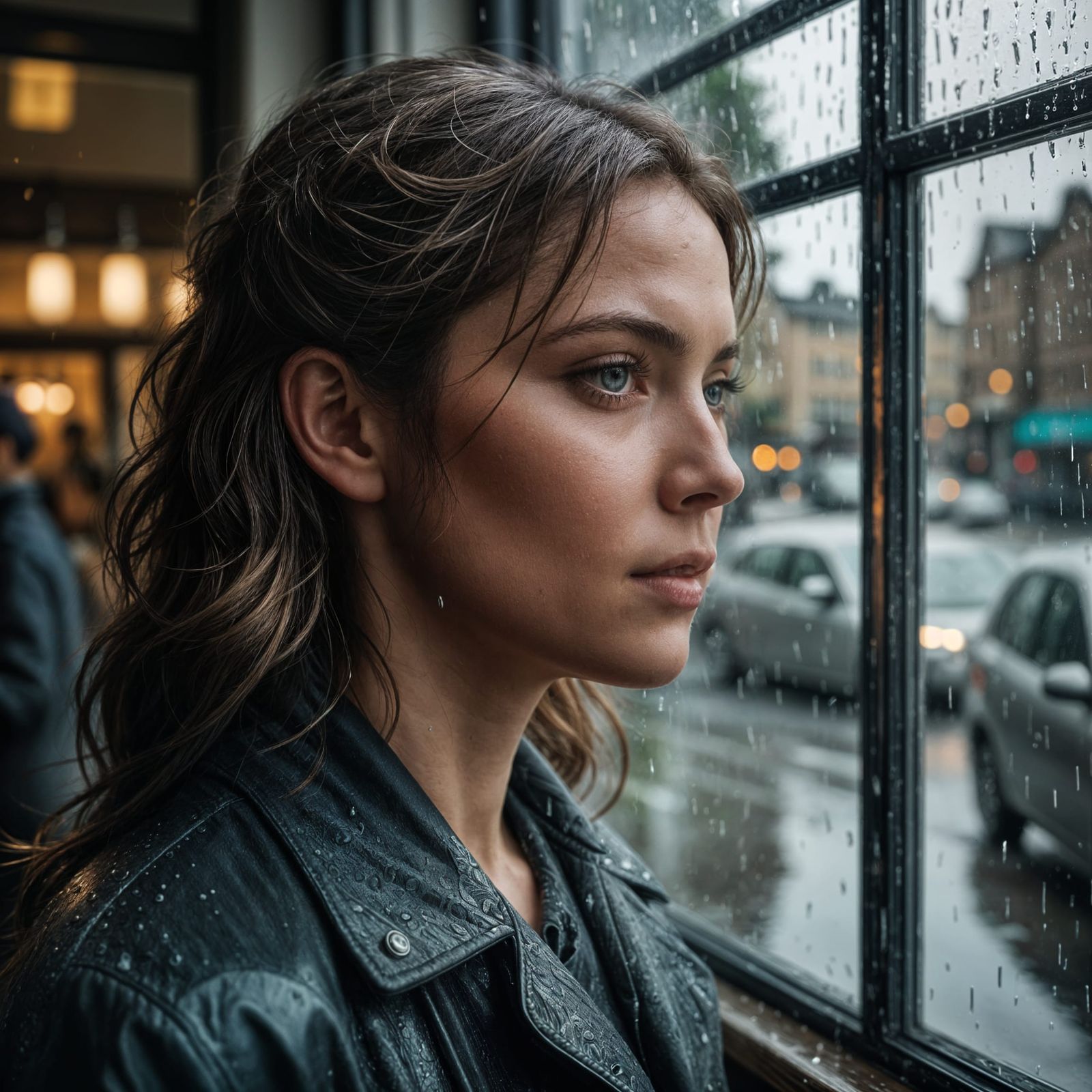 A Woman Lost in Rainy Reflections