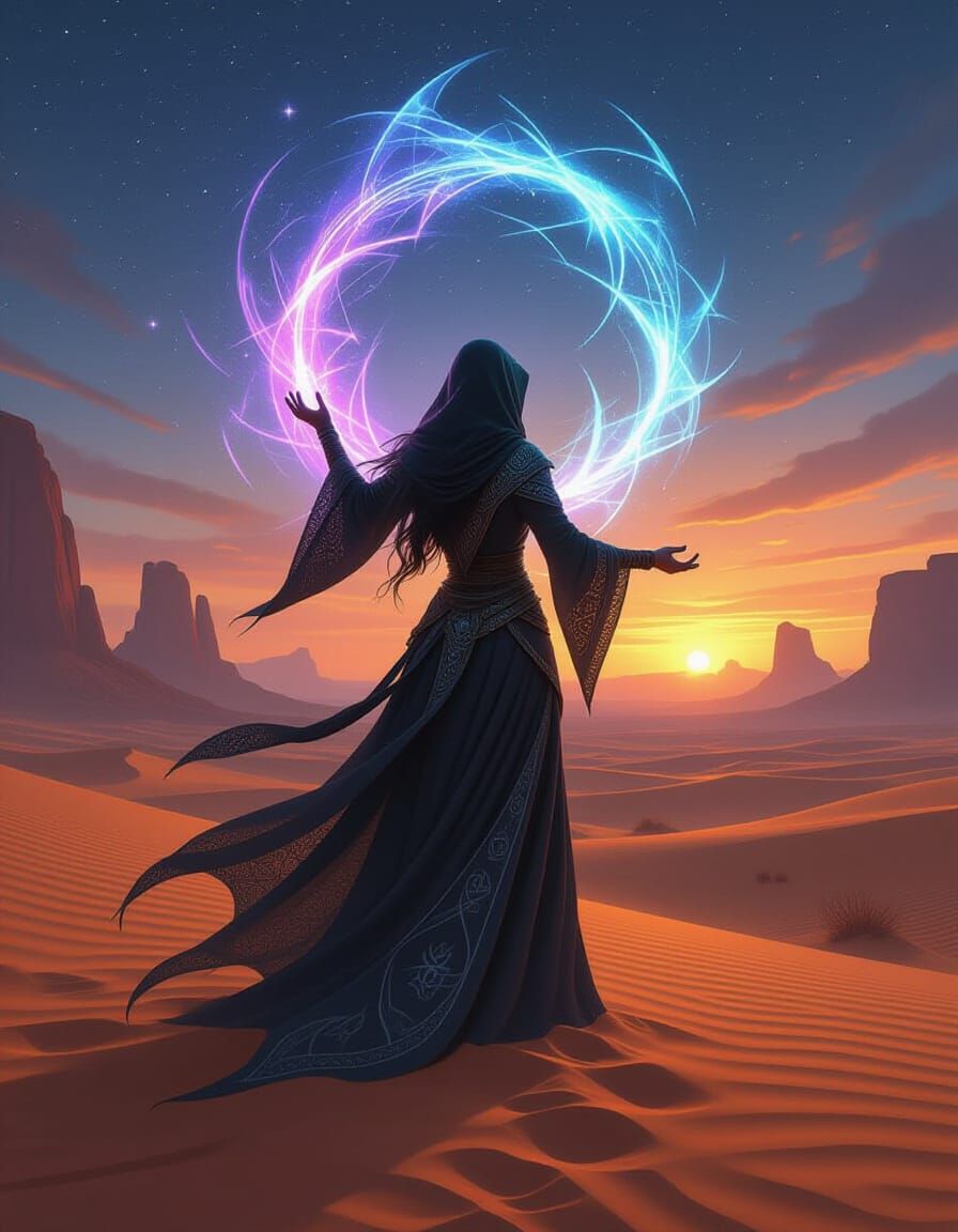 Witch Conjuring Celestial Energy in Star-Dusted Desert