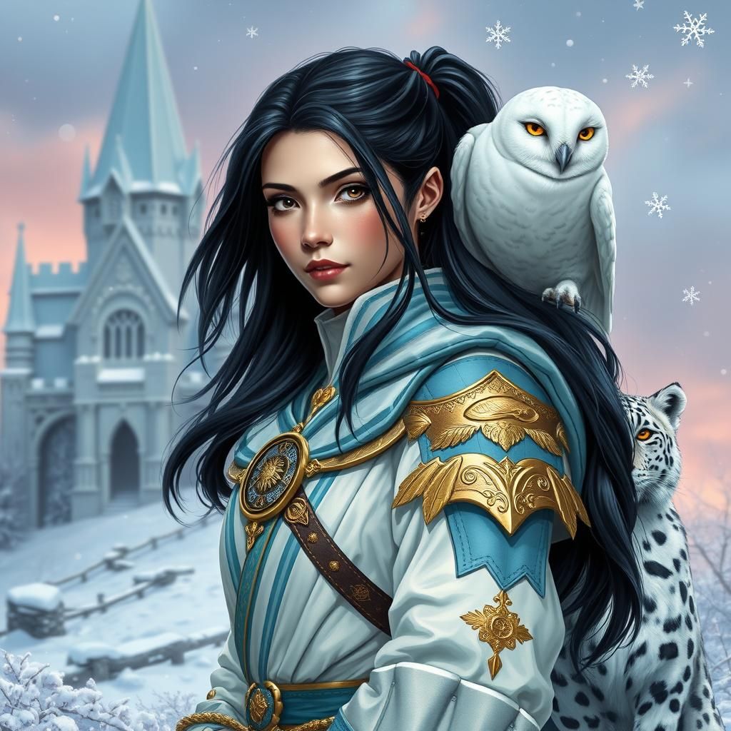 Winter Vixen Warrior with Snow Leopard and Owl