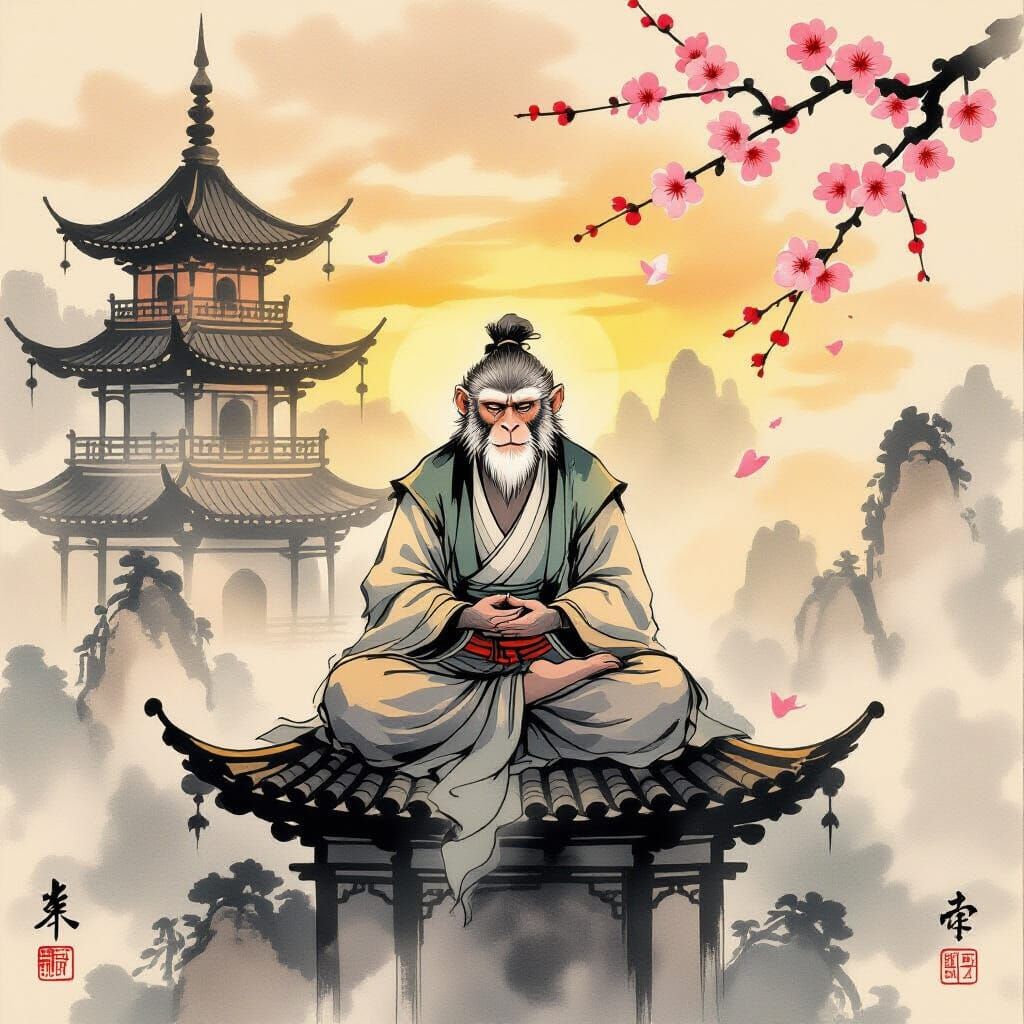 Wise Monkey Meditation in Chinese Ink Wash Style