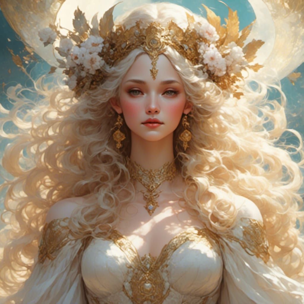 Libra Goddess Balances Cosmic Scales in Oil Painting