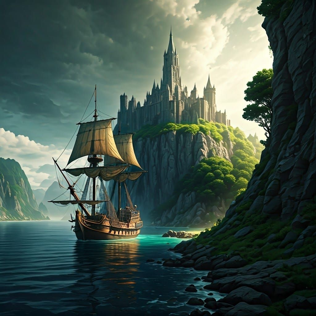 Majestic Galleon Under Castle Ruins, Fantasy Art