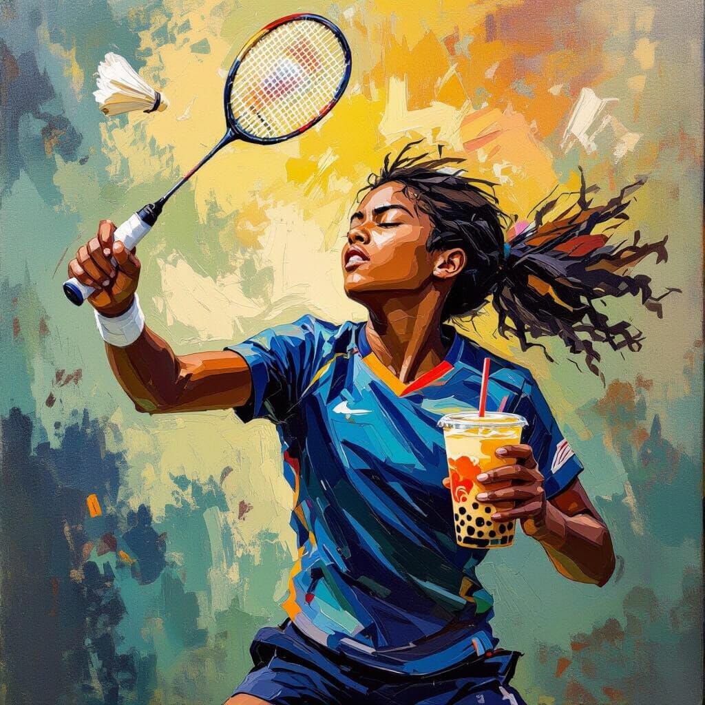 Badminton Player in Neo-Impressionist Style
