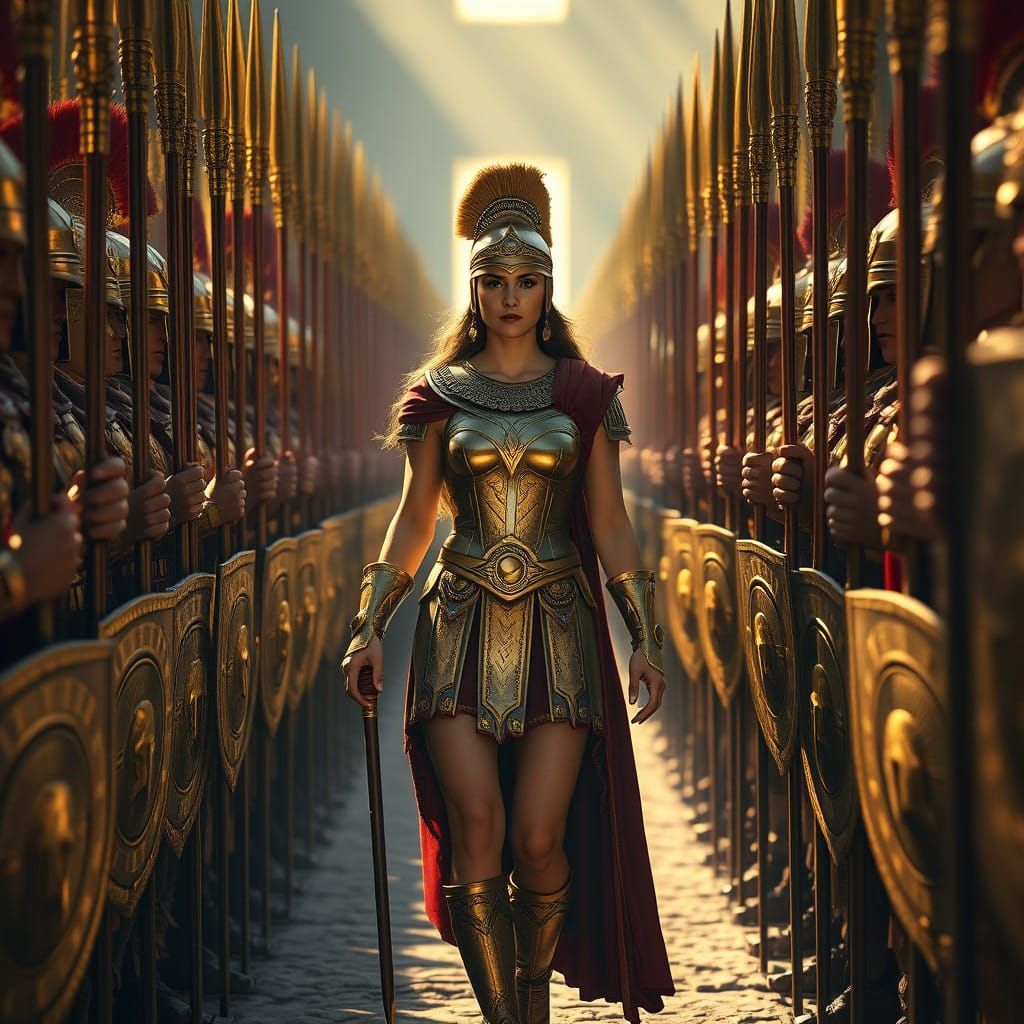 Confident Spartan Warrior Leads Ranks in Golden Armor