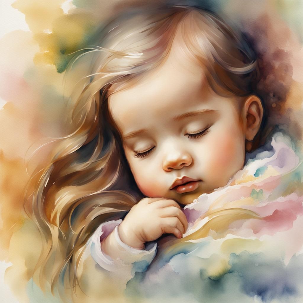 Dreamy Watercolor Portrait of Sleeping Baby Girl