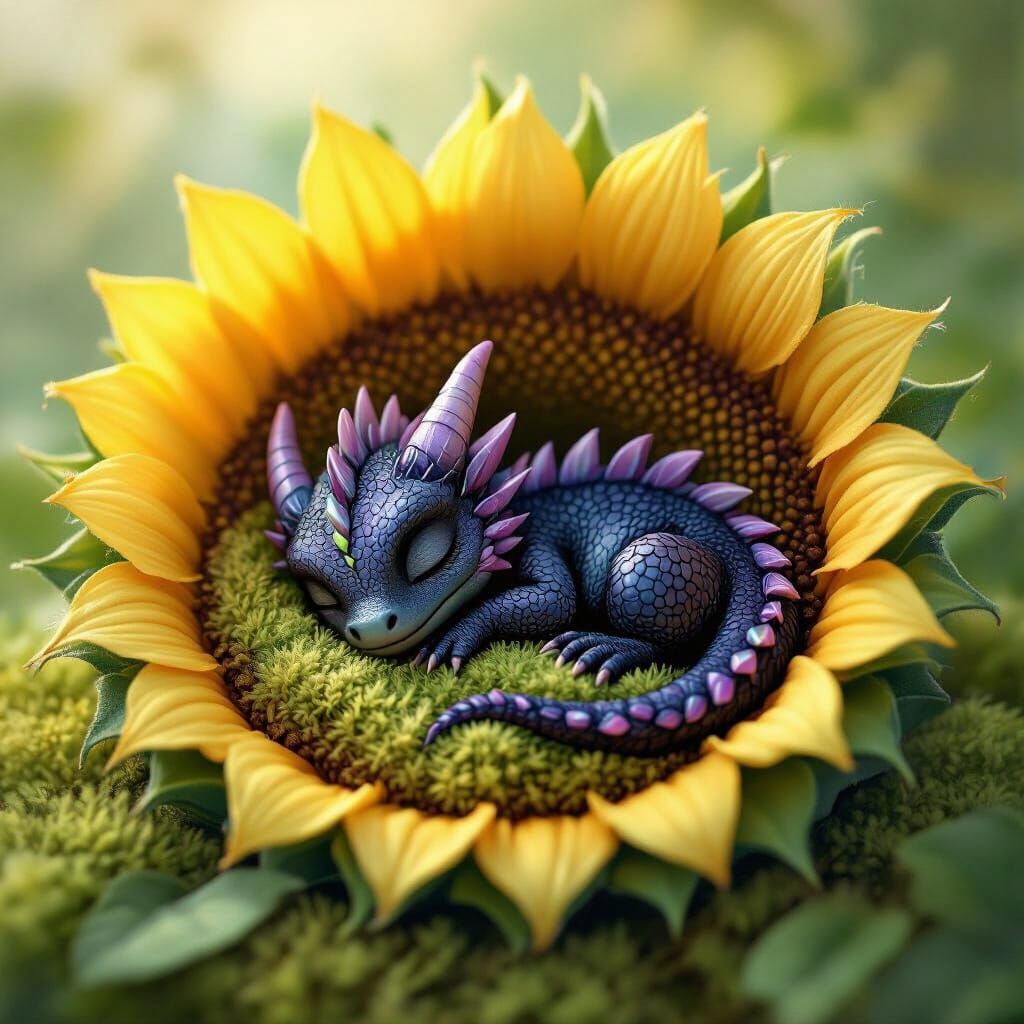 Miniature Dragon Asleep in Sunflower, Fairy-Tale Art