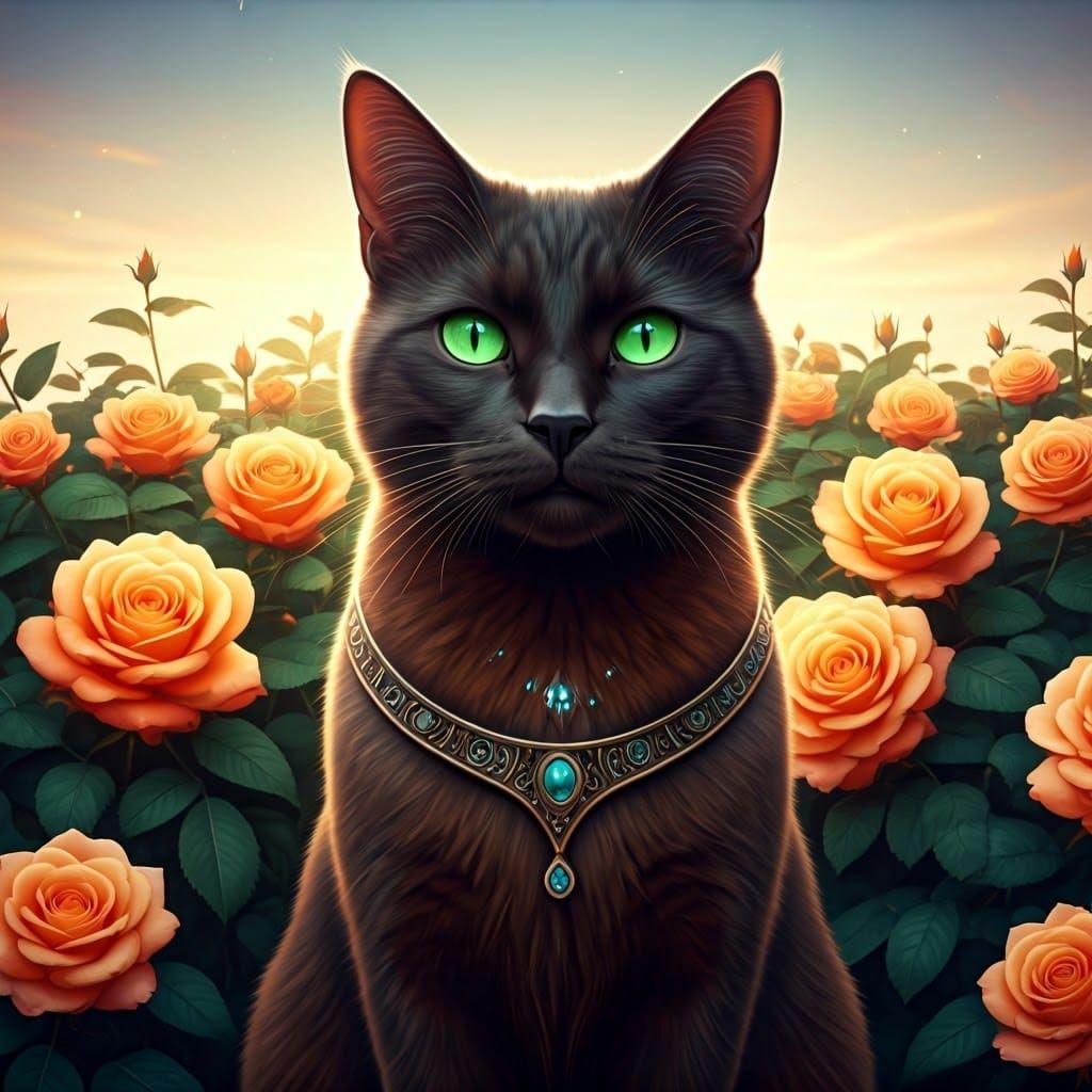 Majestic Black Cat Amidst Vibrant Orange Roses
