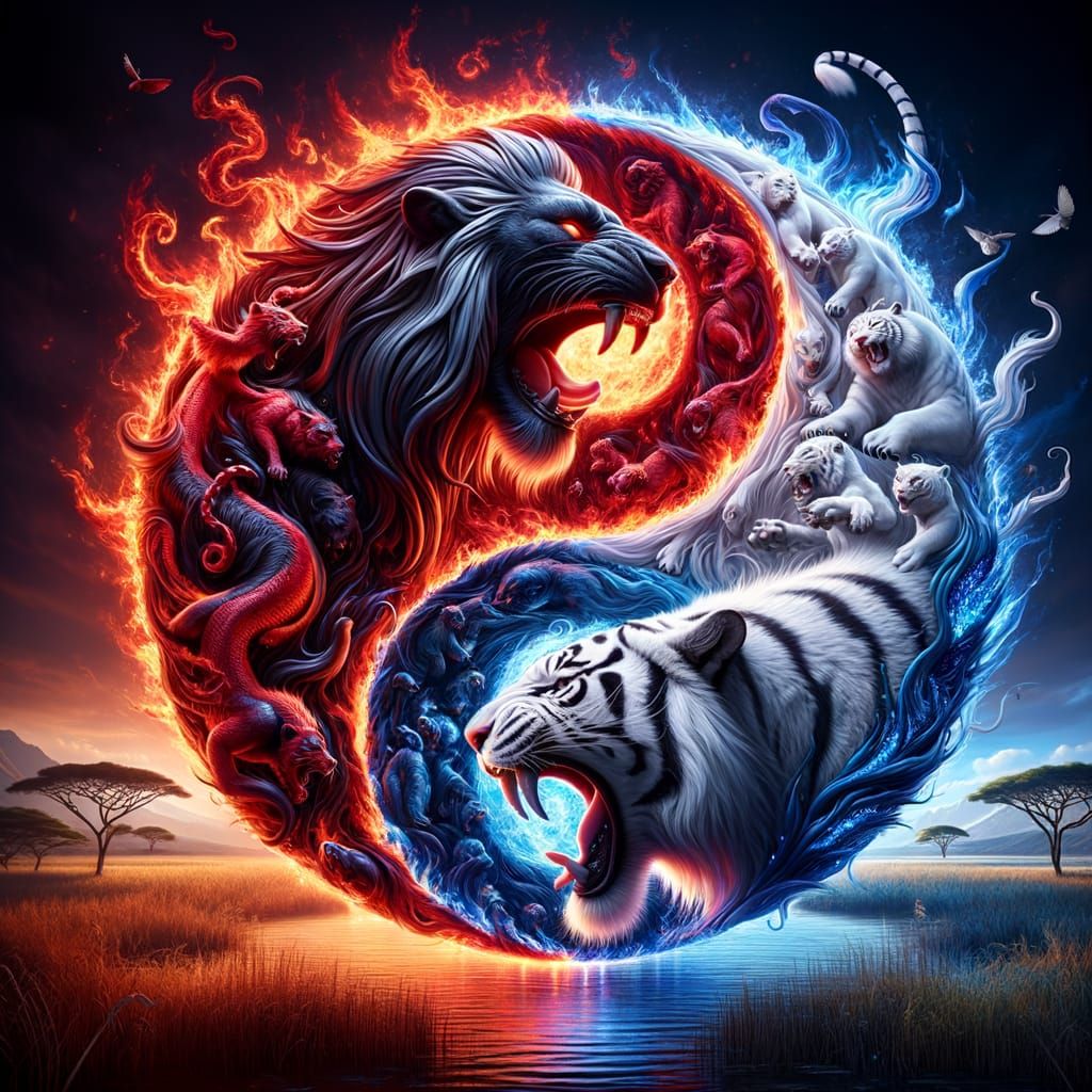 Fiery Yin Yang: Lion and Tiger in Flames