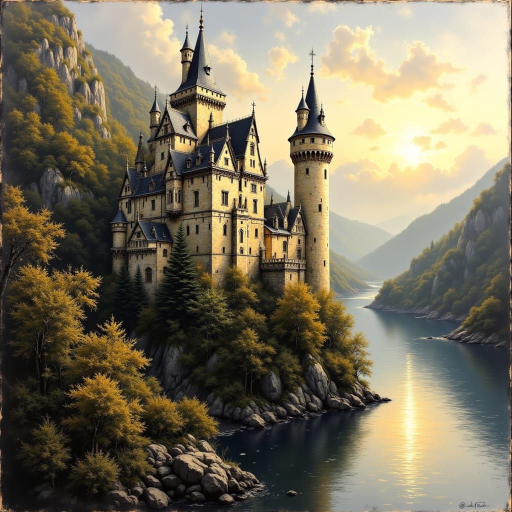 Majestic German Castle Overlooking River Rhine at Golden Hou...