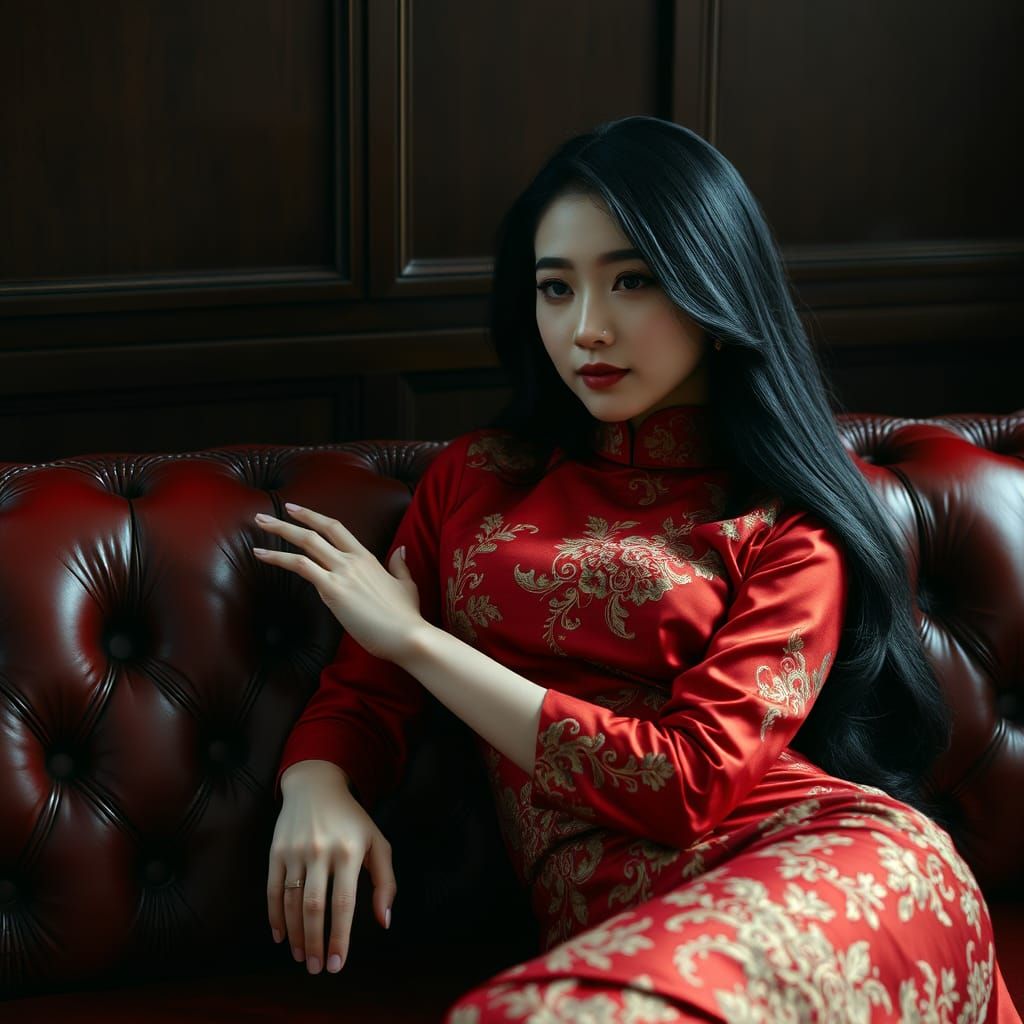 Chinese Woman in Red Qipao on Red Sofa