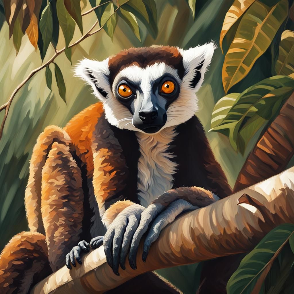 Giant Lemur Portrait in Madagascar, Oil Painting