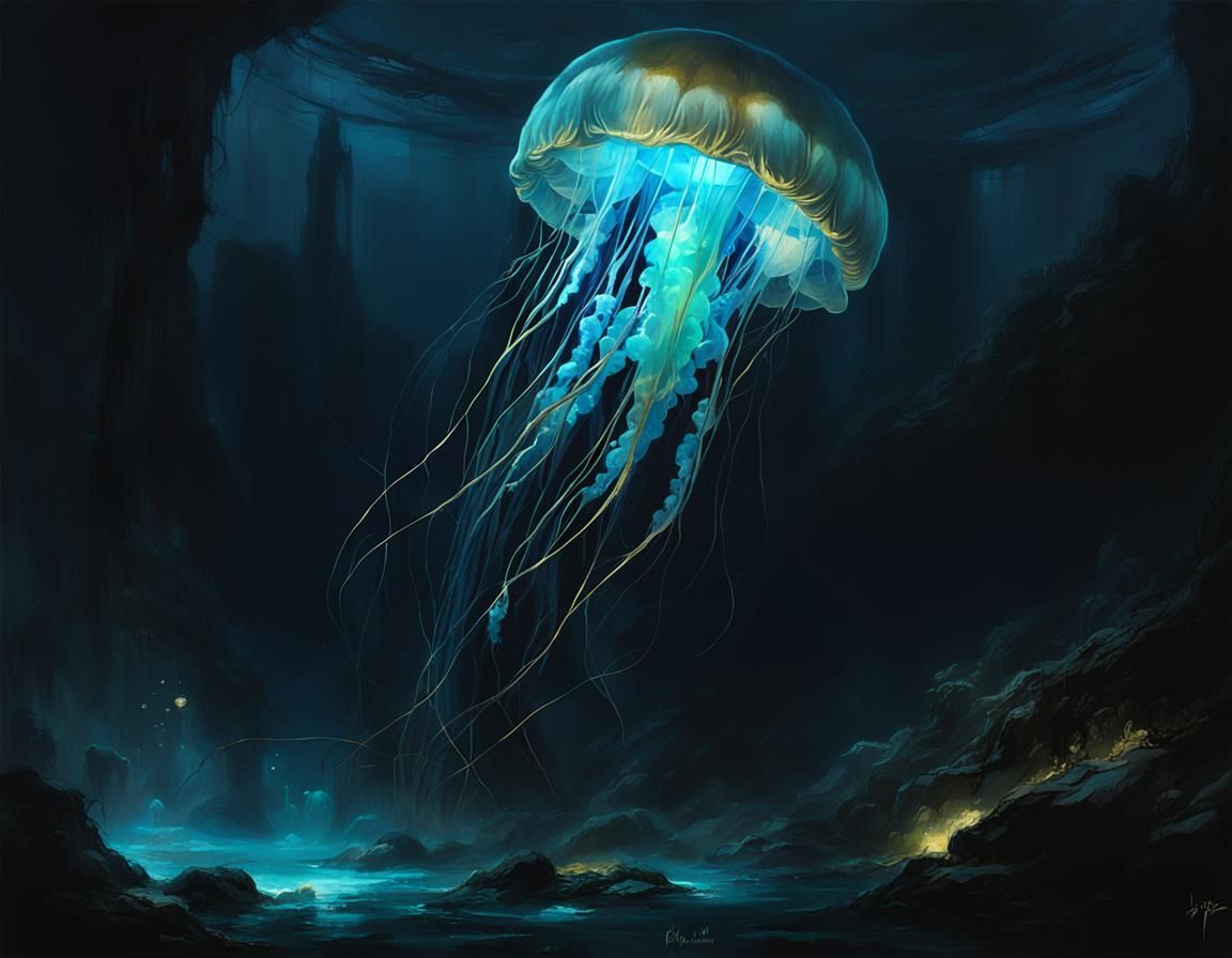 glowing jellyfish  in Dark Depths with Bioluminescent Glow, ...