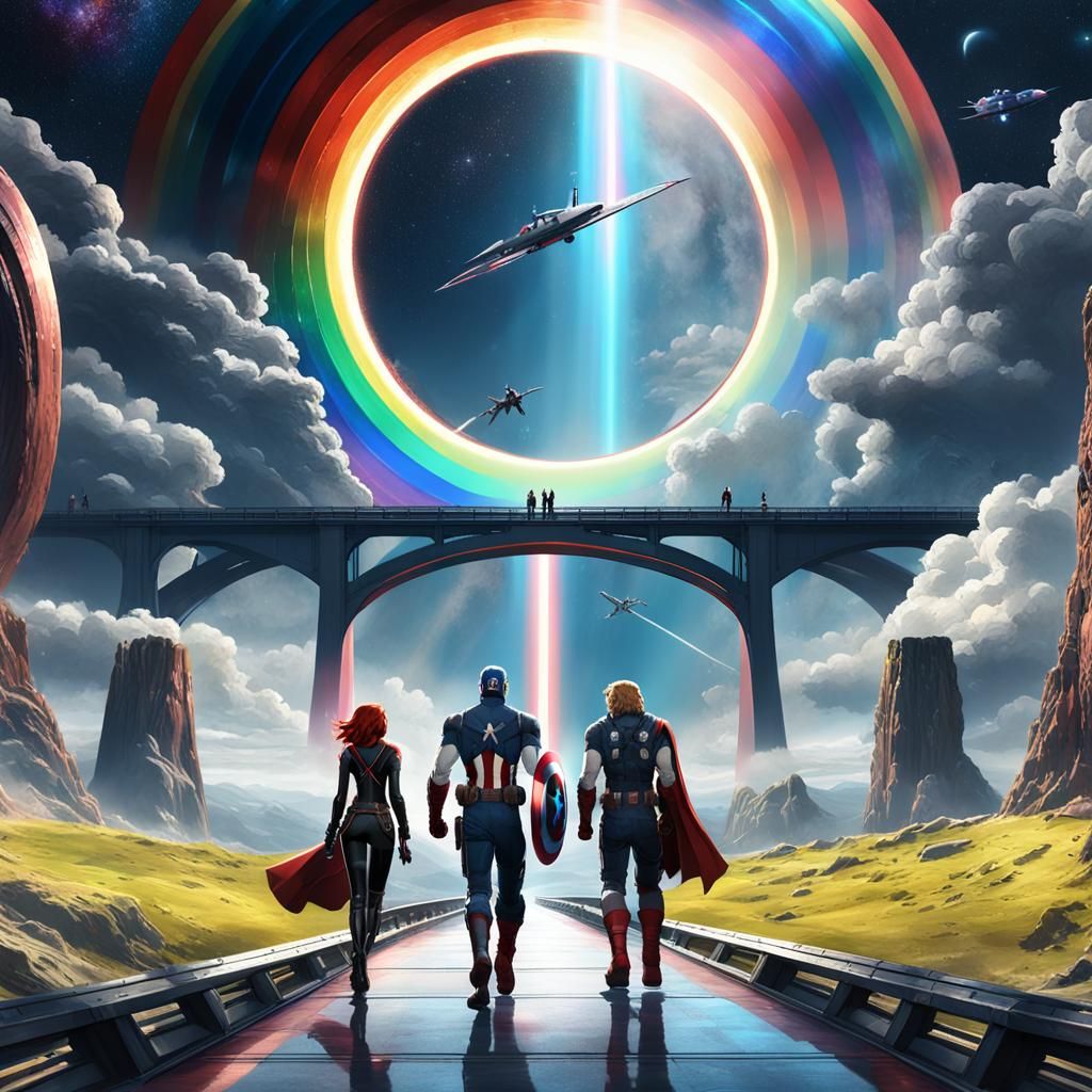 Avengers on Bifrost Bridge in Space: 3D Anime Art