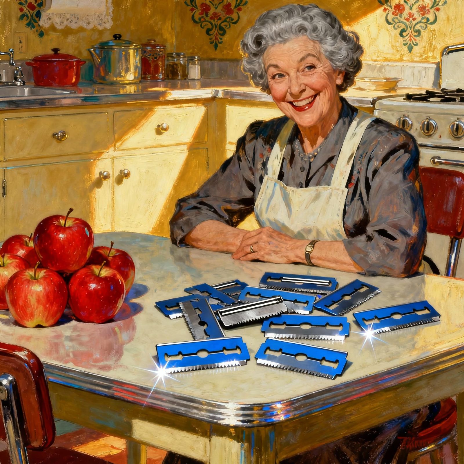 Grandmother's Mischievous Kitchen Scene with Apples and Razo...