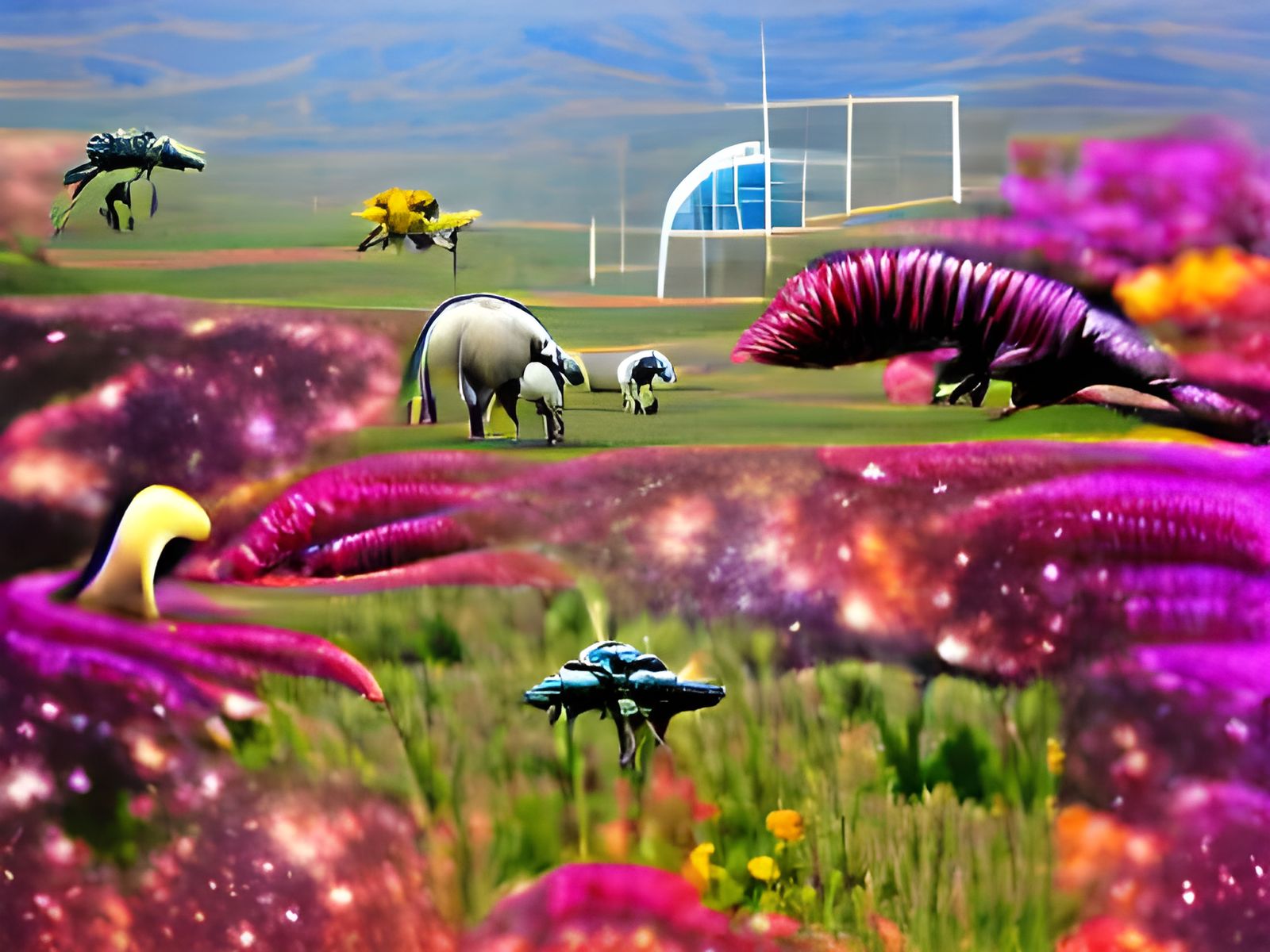 Dreamlike Field of Alien Flora and Fauna
