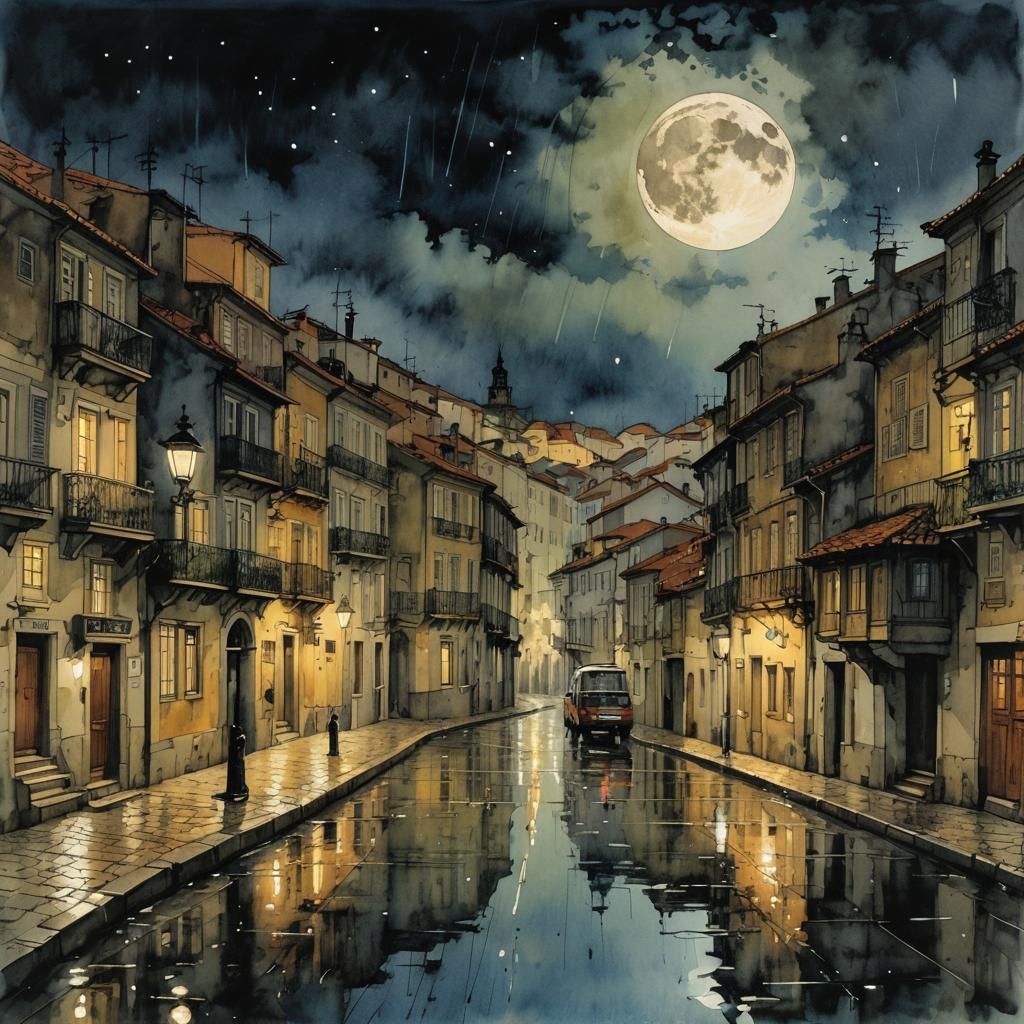Portugal at Night in Wet Watercolor Style