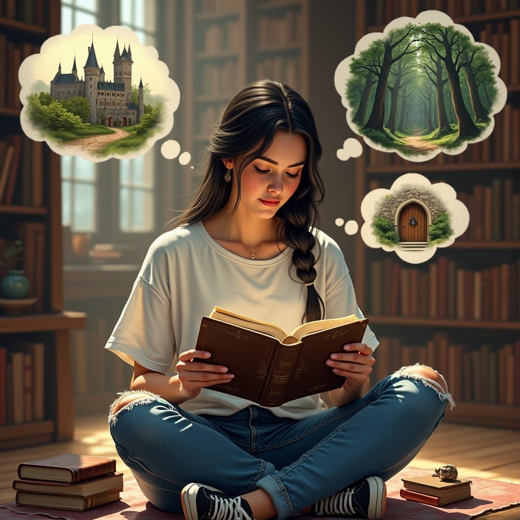Woman Reading with Fantasy World Thought Bubbles