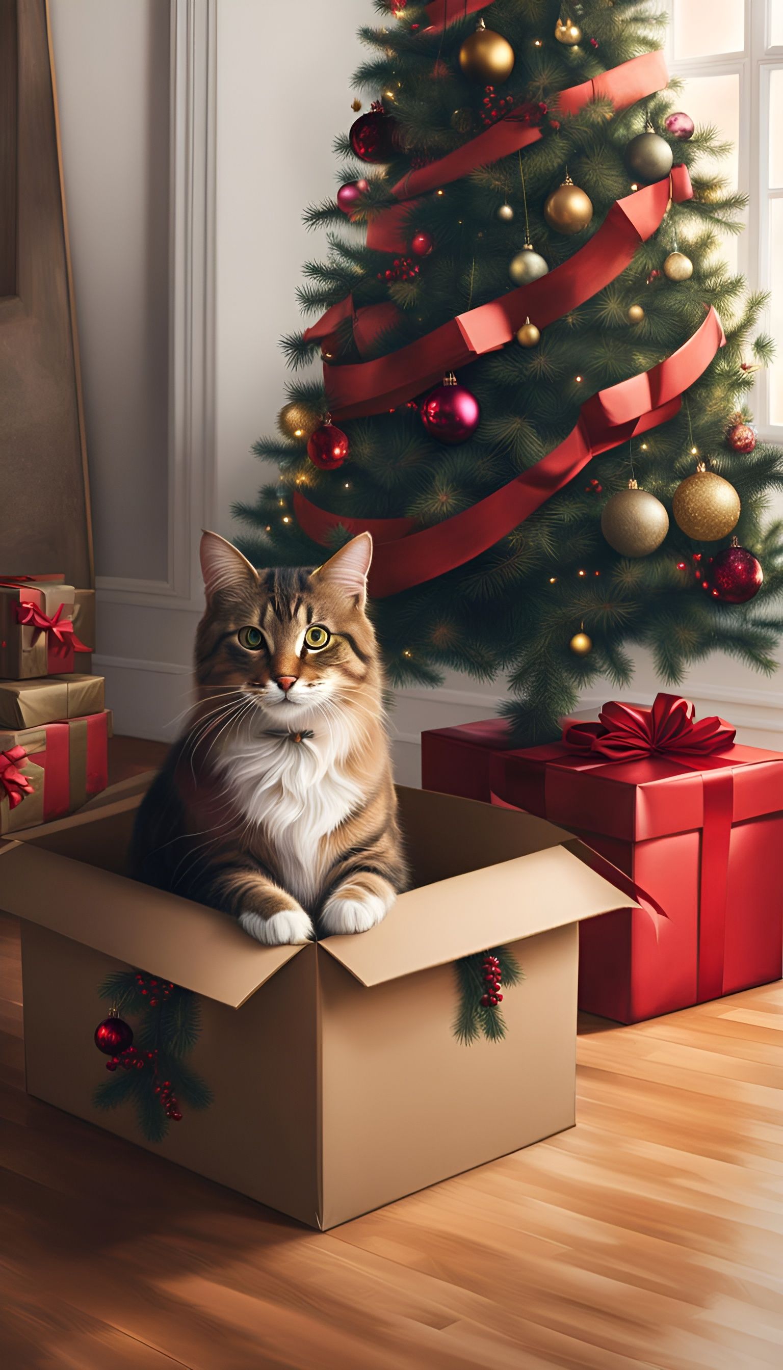 Cat in Christmas Box: Hyperrealistic Splash Art