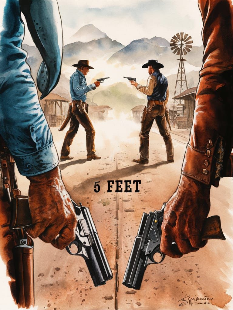 Cowboy Duel in Watercolor Painting